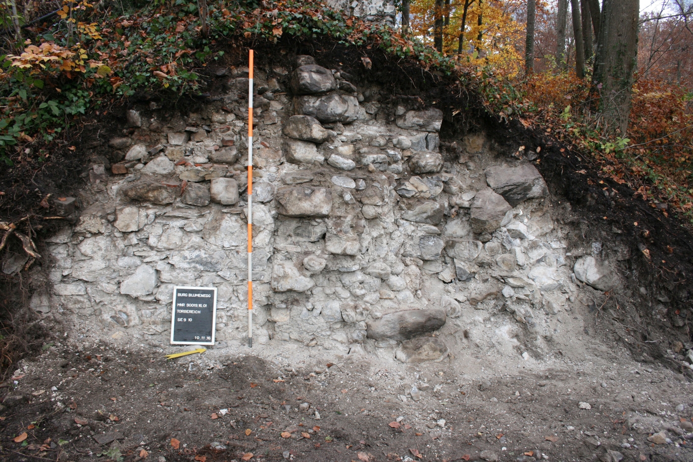 Westprofil im Bereich des heutigen Zufahrtsweges zur Burg, mittelalterliche Mauerreste.